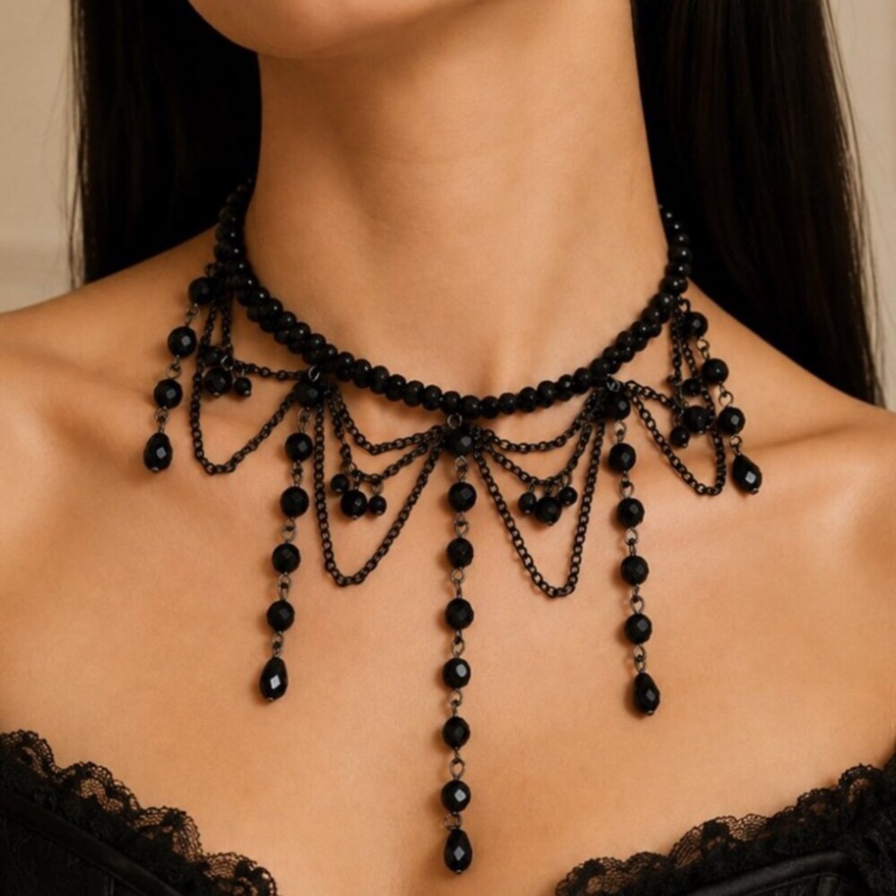 ✨ Black Gothic Beaded Choker Necklace Victorian Draped Statement